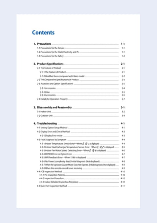 Operating Instructions and Installation
 Samsung Electronics
Contents
11.	 Precautions ......................................................................................................................................... 	 1-1
	 1-1 Precautions for the Service .............................................................................................................. 	 1-1
	 1-2 Precautions for the Static Electricity and PL ................................................................................. 	 1-1
	 1-3 Precautions for the Safety ................................................................................................................ 	 1-2
12.	 Product Specifications ................................................................................................................ 	 2-1
	 2-1 The Feature of Product ..................................................................................................................... 	 2-1
	  2-1-1 The Feature of Product ............................................................................................................ 	 2-1
	  2-1-2 Modified items compared with Basic model ...................................................................... 	 2-2
	2-2 The Comparative Specifications of Product ................................................................................. 	 2-3
	2-3 Accessory and Option Specifications ............................................................................................ 	 2-5
	  2-3-1 Accessories ................................................................................................................................ 	 2-4
	  2-3-2 Filter ............................................................................................................................................ 	 2-5
2-3-3 Accessories................................................................................................................................. 	 2-6
	2-4 Details for Operation Property ........................................................................................................ 	 2-7
	
13.	 Disassembly and Reassembly ............................................................................................... 	 3-1
	 3-1 Indoor Unit .......................................................................................................................................... 	 3-2
	 3-2 Outdoor Unit ...................................................................................................................................... 	 3-9
14.	 Troubleshooting ............................................................................................................................. 	 4-1
	 4-1 Setting Option Setup Method ........................................................................................................ 	 4-1
	 4-2 Display Error and Check Method ................................................................................................... 	 4-3
	  4-2-1 Display Error mode .................................................................................................................. 	 4-3
	 4-3 Fault Diagnosis by Symptom ......................................................................................................... 	 4-4
	  4-3-1 Indoor Temperature Sensor ErrorWhen is diplayed ........................................ 	 4-4
	  4-3-2 Indoor Heat Exchanger Temperature Sensor ErrorWhen is diplayed .......... 	 4-5
	  4-3-3 Indoor Fan Motor Speed Detecting ErrorWhen is diplayed .......................... 	 4-6
4-3-4 EEPROM Error or Option Error ............................................................................................... 	 4-7
4-3-5 MPI Feedback ErrorWhen E186 is displayed .................................................................. 	 4-7
	  4-3-6 No Power (completely dead)-Initial diagnosis (Not displayed) ....................................... 	 4-8
	  4-3-7 WhentheUp/DownLouverMotorDoesNotOperate.(InitialDiagnosis)(Notdisplayed) ....... 	 4-9
	  4-3-8 When the remote control is not receiving .......................................................................... 	 4-9
	 4-4 PCB Inspection Method ................................................................................................................... 	 4-10
	  4-4-1 Pre-inspection Notices.............................................................................................................................. 	 4-10
	  4-4-2 Inspection Procedure................................................................................................................................ 	 4-10
	  4-4-3 Indoor Detailed Inspection Procedure.............................................................................................. 	 4-10
4-5 Main Part Inspection Method ......................................................................................................... 	 4-11
 