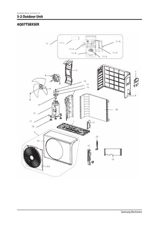 Samsung Electronics
Exploded Views and Parts List
5-2 Outdoor Unit
19
20
22
21
11-1
17
18
13
14
15
11
12
11-3
11-5
11-4
11-2
11-6
16
AQ07TSBXSER
 