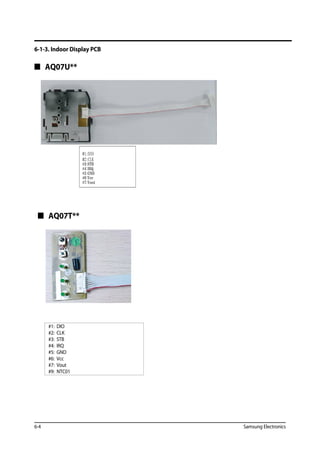 6-4 Samsung Electronics
6-1-3. Indoor Display PCB
#1: DIO
#2: CLK
#3: STB
#4: IRQ
#5: GND
#6: Vcc
#7: Vout
#9: NTC01
#3:STB
#4:IRQ
#5:GND
#6:Vcc
#7:Voot
#2:CLK
#1:DIO
 AQ07U**
 AQ07T**
 