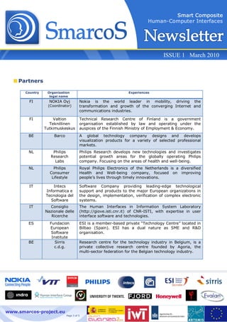 ISSUE 1 March 2010



    Partners

       Country    Organisation                                  Experiences
                   legal name
        FI         NOKIA Oyj           Nokia is the world leader in mobility, driving the
                  (Coordinator)        transformation and growth of the converging Internet and
                                       communications industries.

        FI           Valtion           Technical Research Centre of Finland is a government
                   Teknillinen         organisation established by law and operating under the
                 Tutkimuskeskus        auspices of the Finnish Ministry of Employment & Economy.
        BE           Barco             A global technology company designs and develops
                                       visualization products for a variety of selected professional
                                       markets.
        NL           Philips           Philips Research develops new technologies and investigates
                    Research           potential growth areas for the globally operating Philips
                      Labs             company. Focusing on the areas of health and well-being.
        NL           Philips           Royal Philips Electronics of the Netherlands is a diversified
                   Consumer            Health and Well-being company, focused on improving
                    Lifestyle          people’s lives through timely innovations.

        IT           Intecs            Software Company providing leading-edge technological
                 Informatica e         support and products to the major European organizations in
                 Tecnologia del        the design, implementation, verification of complex electronic
                   Software            systems.
        IT         Consiglio           The Human Interfaces in Information System Laboratory
                 Nazionale delle       (http://giove.isti.cnr.it) of CNR-ISTI, with expertise in user
                    Ricerche           interface software and technologies.
        ES         Fundacion           ESI is a member-based private “Technology Centre” located in
                   European            Bilbao (Spain). ESI has a dual nature as SME and R&D
                    Software           organisation.
                    Institute
        BE            Sirris           Research centre for the technology industry in Belgium, is a
                     c.d.g.            private collective research centre founded by Agoria, the
                                       multi-sector federation for the Belgian technology industry.




www.smarcos-project.eu
                             Page 3 of 5
 