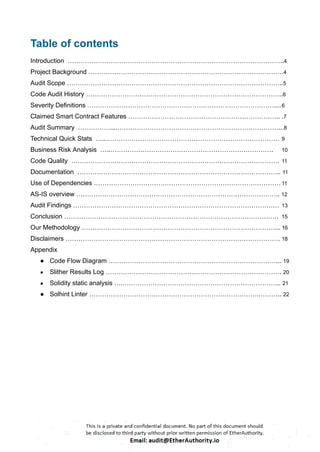 Table of contents
Introduction ………………………………………………………………………………………..4
Project Background ……………………………………………………………………………….4
Audit Scope ………………………………………………………………………………………..5
Code Audit History ………………………………………………………………………………..6
Severity Definitions ……………………………………………………………………………....6
Claimed Smart Contract Features …………………………………………………………….. .7
Audit Summary ……………....…………………………………………………………………...8
Technical Quick Stats …..……………………………………………………………………… 9
Business Risk Analysis …..…………………………………………………………………. 10
Code Quality ……………………………………………………………………………………. 11
Documentation ………………………………………………………………………………….. 11
Use of Dependencies …………………………………………………………………………… 11
AS-IS overview ………………………………………………………………………………….. 12
Audit Findings …………………………………………………………………………………… 13
Conclusion ………………………………………………………………………………………. 15
Our Methodology ………………………………………………………………………………... 16
Disclaimers ………………………………………………………………………………………. 18
Appendix
● Code Flow Diagram ……………………………………………………………………... 19
● Slither Results Log ………………………………………………………………………. 20
● Solidity static analysis ….……………………………………………………………….. 21
● Solhint Linter …………………………………………………………………….……….. 22
 