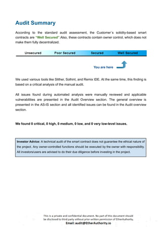 Audit Summary
According to the standard audit assessment, the Customer`s solidity-based smart
contracts are “Well Secured”.Also, these contracts contain owner control, which does not
make them fully decentralized.
You are here
We used various tools like Slither, Solhint, and Remix IDE. At the same time, this finding is
based on a critical analysis of the manual audit.
All issues found during automated analysis were manually reviewed and applicable
vulnerabilities are presented in the Audit Overview section. The general overview is
presented in the AS-IS section and all identified issues can be found in the Audit overview
section.
We found 0 critical, 0 high, 0 medium, 0 low, and 0 very low-level issues.
Investor Advice: A technical audit of the smart contract does not guarantee the ethical nature of
the project. Any owner-controlled functions should be executed by the owner with responsibility.
All investors/users are advised to do their due diligence before investing in the project.
 