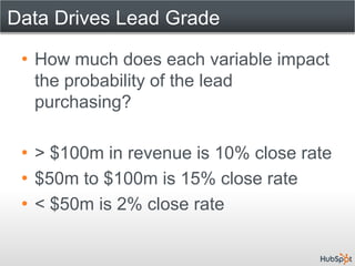 Data Drives Lead Grade

 • How much does each variable impact
   the probability of the lead
   purchasing?

 • > $100m in revenue is 10% close rate
 • $50m to $100m is 15% close rate
 • < $50m is 2% close rate
 