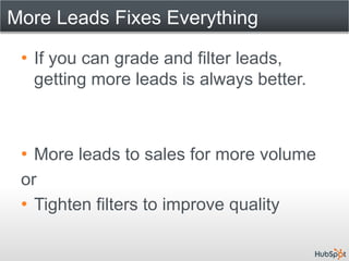 More Leads Fixes Everything

 • If you can grade and filter leads,
   getting more leads is always better.



 • More leads to sales for more volume
 or
 • Tighten filters to improve quality
 