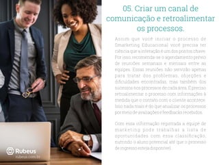 Assim que você iniciar o processo de
Smarketing Educacional você precisa ter
ciência que a interação é um dos pontos chave.
Por isso, recomenda-se o agendamento prévio
de reuniões semanais e mensais entre as
equipes. Essas reuniões não servirão apenas
para tratar dos problemas, objeções e
diﬁculdades encontradas, mas também dos
sucessos nos processos de cada área. É preciso
retroalimentar o processo com informações à
medida que o contato com o cliente acontece.
Isso nada mais é do que atualizar os processos
pormeiodeavaliaçõesefeedbacksrecebidos.
Com essa informação registrada a equipe de
marketing pode trabalhar a lista de
oportunidades com essa classiﬁcação,
nutrindo o aluno potencial até que o processo
deingressoestejadisponível.
05. Criar um canal de
comunicação e retroalimentar
os processos.
rubeus.com.br
 