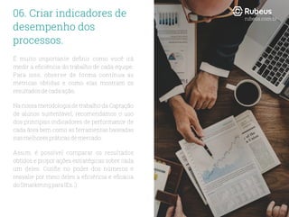 É muito importante deﬁnir como você irá
medir a eﬁciência do trabalho de cada equipe.
Para isso, observe de forma contínua as
métricas obtidas e como elas mostram os
resultadosdecadaação.
Na nossa metodologia de trabalho da Captação
de alunos sustentável, recomendamos o uso
dos principais indicadores de performance de
cada área bem como as ferramentas baseadas
nasmelhorespráticasdemercado.
Assim, é possível comparar os resultados
obtidos e propor ações estratégicas sobre cada
um deles. Conﬁe no poder dos números e
reavalie por meio deles a eﬁciência e eﬁcácia
doSmarketingparaIEs.;)
06. Criar indicadores de
desempenho dos
processos.
rubeus.com.br
 