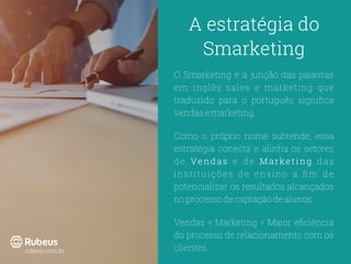 O Smarketing é a junção das palavras
em inglês sales e marketing que
traduzido para o português signiﬁca
vendasemarketing.
Como o próprio nome subtende, essa
estratégia conecta e alinha os setores
de Vendas e de Marketing das
instituições de ensino a ﬁm de
potencializar os resultados alcançados
noprocessodecaptaçãodealunos.
Vendas + Marketing = Maior eﬁciência
do processo de relacionamento com os
clientes.
A estratégia do
Smarketing
rubeus.com.br
 