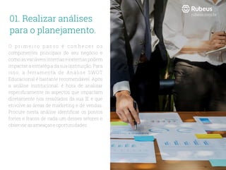 O p r i m e i r o p a s s o é c o n h e c e r o s
componentes principais do seu negócio e
comoasvariáveisinternaseexternaspodem
impactar a estratégia da sua instituição. Para
isso, a ferramenta de Análise SWOT
Educacional é bastante recomendável. Após
a análise institucional, é hora de analisar
especiﬁcamente os aspectos que impactam
diretamente nos resultados da sua IE e que
envolve as áreas de marketing e de vendas.
Procure nesta análise identiﬁcar os pontos
fortes e fracos de cada um desses setores e
observarasameaçaseoportunidades.
01. Realizar análises
para o planejamento.
rubeus.com.br
 