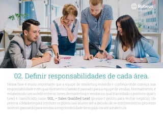 Nessa fase é muito importante que a equipe de marketing entenda e conheça onde começa sua
responsabilidade e em qual momento o bastão é passado para a equipe de vendas. Normalmente, é
estabelecido um acordo entre os times de marketing e vendas no qual é acordado o ponto no qual o
Lead é classiﬁcado como SQL – Sales Qualiﬁed Lead (prospect pronto para fechar negócio). Na
prática, o Marketing irá conduzir os potenciais alunos até a decisão de se inscreverem no processo
seletivo,passandoparavendasaresponsabilidadedeengajá-losatéamatrícula.
02. Deﬁnir responsabilidades de cada área.
rubeus.com.br
 