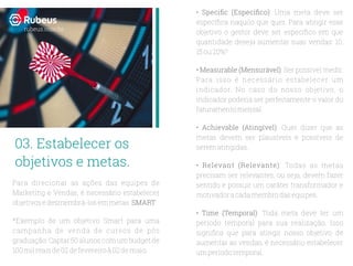 Para direcionar as ações das equipes de
Marketing e Vendas, é necessário estabelecer
objetivosedesmembrá-losemmetas SMART:
*Exemplo de um objetivo Smart para uma
campanha de venda de cursos de pós
graduação: Captar 50 alunos com um budget de
100milreaisde02defevereiroà02demaio.
• Speciﬁc (Especíﬁco): Uma meta deve ser
especíﬁca naquilo que quer. Para atingir esse
objetivo o gestor deve ser especíﬁco em que
quantidade deseja aumentar suas vendas: 10,
15ou20%?
• Measurable (Mensurável): Ser possível medir.
Para isso é necessário estabelecer um
indicador. No caso do nosso objetivo, o
indicador poderia ser perfeitamente o valor do
faturamentomensal.
• Achievable (Atingível): Quer dizer que as
metas devem ser plausíveis e possíveis de
serematingidas.
• Relevant (Relevante): Todas as metas
precisam ser relevantes, ou seja, devem fazer
sentido e possuir um caráter transformador e
motivadoracadamembrodasequipes.
• Time (Temporal): Toda meta deve ter um
período temporal para sua realização. Isso
signiﬁca que para atingir nosso objetivo de
aumentar as vendas, é necessário estabelecer
umperíodotemporal.
03. Estabelecer os
objetivos e metas.
rubeus.com.br
 
