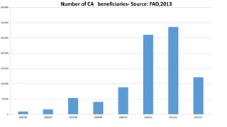 350,000 
300,000 
250,000 
200,000 
150,000 
100,000 
50,000 
0 
Number of CA beneficiaries- Source: FAO,2013 
2005/06 2006/07 2007/08 2008/09 2009/10 2010/11 2011/12 2012/13 
 