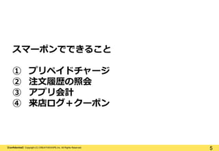 【Confidential】Copyright (C) CREATIVEHOPE,Inc. All Rights Reserved.
5
スマーポンでできること
① プリペイドチャージ
② 注文履歴の照会
③ アプリ会計
④ 来店ログ＋クーポン
 