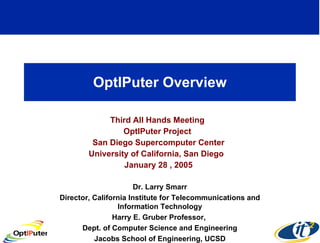 OptIPuter Overview Third All Hands Meeting  OptIPuter Project  San Diego Supercomputer Center University of California, San Diego  January 28 , 2005 Dr. Larry Smarr Director, California Institute for Telecommunications and Information Technology Harry E. Gruber Professor,  Dept. of Computer Science and Engineering Jacobs School of Engineering, UCSD 