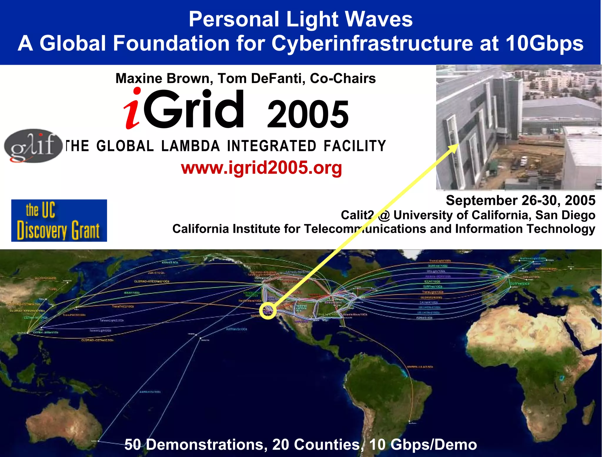 September 26-30, 2005 Calit2 @ University of California, San Diego California Institute for Telecommunications and Information Technology Personal Light Waves A Global Foundation for Cyberinfrastructure at 10Gbps T H E G L O B A L L A M B D A I N T E G R A T E D F A C I L I T Y Maxine Brown, Tom DeFanti, Co-Chairs www.igrid2005.org 50 Demonstrations, 20 Counties, 10 Gbps/Demo i Grid 2005