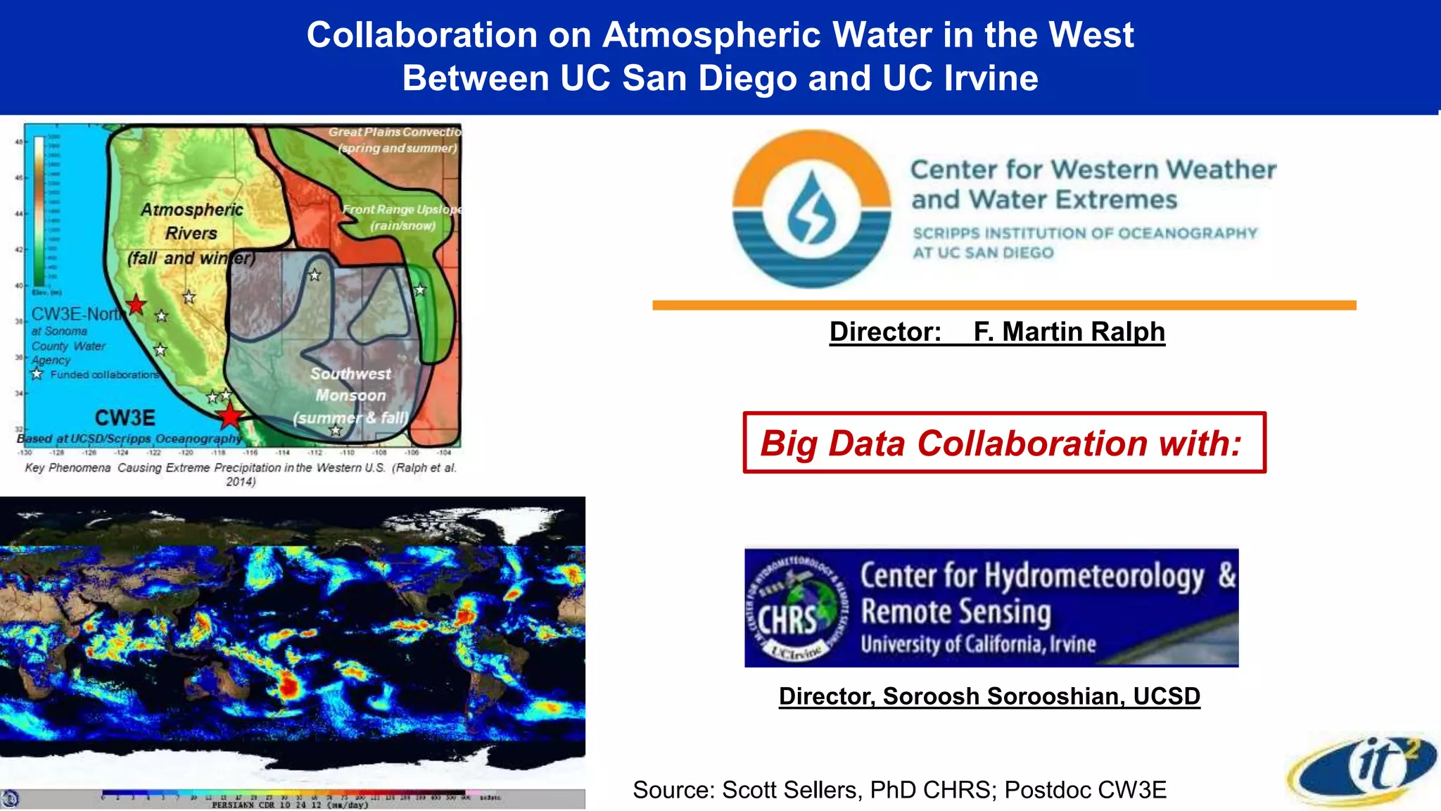 Director: F. Martin Ralph
Big Data Collaboration with:
Source: Scott Sellers, PhD CHRS; Postdoc CW3E
Collaboration on Atmospheric Water in the West
Between UC San Diego and UC Irvine
Director, Soroosh Sorooshian, UCSD
 
