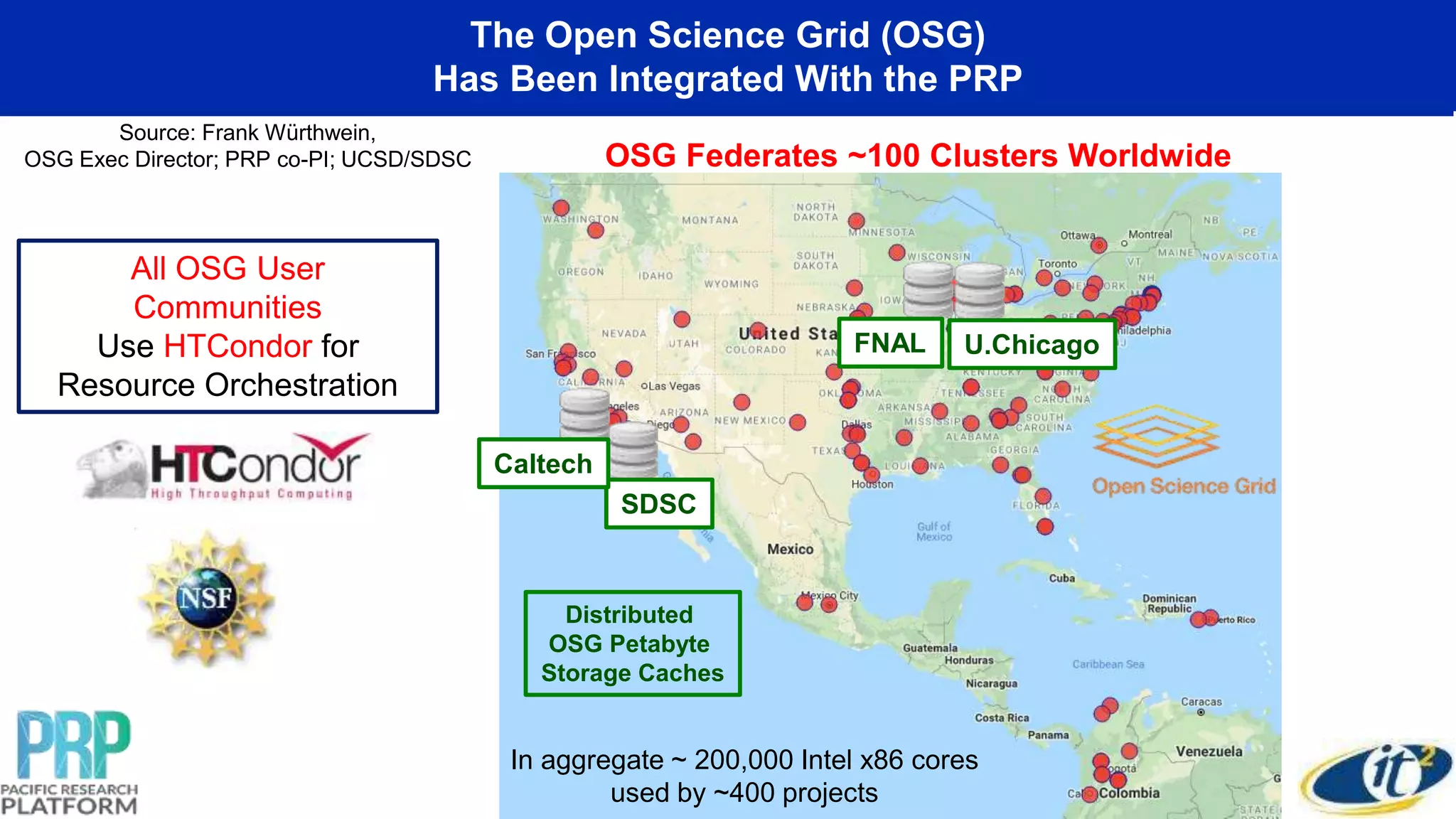 The Open Science Grid (OSG)
Has Been Integrated With the PRP
In aggregate ~ 200,000 Intel x86 cores
used by ~400 projects
Source: Frank Würthwein,
OSG Exec Director; PRP co-PI; UCSD/SDSC OSG Federates ~100 Clusters Worldwide
All OSG User
Communities
Use HTCondor for
Resource Orchestration
SDSC
U.ChicagoFNAL
Caltech
Distributed
OSG Petabyte
Storage Caches
 