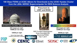100 Gbps FIONA at UCSC Allows for Downloads to the UCSC Hyades Cluster
from the LBNL NERSC Supercomputer for DESI Science Analysis
300 images per night.
100MB per raw image
120GB per night
250 images per night.
530MB per raw image
800GB per night
Source: Peter Nugent, LBNL
Professor of Astronomy, UC Berkeley
Precursors to
LSST and NCSA
NSF-Funded Cyberengineer
Shaw Dong @UCSC
Receiving FIONA
Feb 7, 2017
 