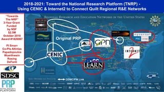 Original PRP
CENIC/PW Link
2018-2021: Toward the National Research Platform (TNRP) -
Using CENIC & Internet2 to Connect Quilt Regional R&E Networks
“Towards
The NRP”
3-Year Grant
Funded
by NSF
$2.5M
October 2018
Award #1826967
PI Smarr
Co-PIs Altintas
Papadopoulos
Wuerthwein
Rosing
DeFanti
 