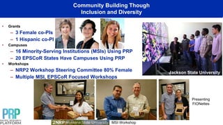Community Building Though
Inclusion and Diversity
• Grants
– 3 Female co-PIs
– 1 Hispanic co-PI
• Campuses
– 16 Minority-Serving Institutions (MSIs) Using PRP
– 20 EPSCoR States Have Campuses Using PRP
• Workshops
– NRP2 Workshop Steering Committee 80% Female
– Multiple MSI, EPSCoR Focused Workshops
Jackson State University
MSI Workshop
Presenting
FIONettes
 