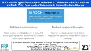 PRP’s Nautilus Hypercluster Adopted Kubernetes to Orchestrate Software Containers
and Rook, Which Runs Inside of Kubernetes, to Manage Distributed Storage
https://rook.io/
“Kubernetes with Rook/Ceph Allows Us to Manage Petabytes of Distributed Storage
and GPUs for Data Science,
While We Measure and Monitor Network Use.”
--John Graham, Calit2/QI UC San Diego
 