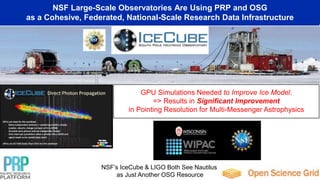 Co-Existence of Interactive and
Non-Interactive Computing on PRP
GPU Simulations Needed to Improve Ice Model.
=> Results in Significant Improvement
in Pointing Resolution for Multi-Messenger Astrophysics
NSF Large-Scale Observatories Are Using PRP and OSG
as a Cohesive, Federated, National-Scale Research Data Infrastructure
NSF’s IceCube & LIGO Both See Nautilus
as Just Another OSG Resource
 