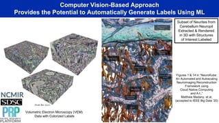 Computer Vision-Based Approach
Provides the Potential to Automatically Generate Labels Using ML
Subset of Neurites from
Cerebellum Neuropil
Extracted & Rendered
in 3D with Structures
of Interest Labeled
Figures 1 & 14 in “NeuroKube:
An Automated and Autoscaling
Neuroimaging Reconstruction
Framework using
Cloud Native Computing
and A.I.,”
Matthew Madany, et al.
(accepted to IEEE Big Data ’20)
Volumetric Electron Microscopy (VEM)
Data with Colorized Labels
 