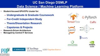 UC San Diego DSMLP
Data Science / Machine Learning Platform
• Student-focused GPU/CPU cluster for:
– Undergraduate & Graduate Coursework
– For-Credit Independent Study
– Thesis/Dissertation Research
– Capstones & Projects
• Research-Driven Architecture
• Managed by Central IT Services
 