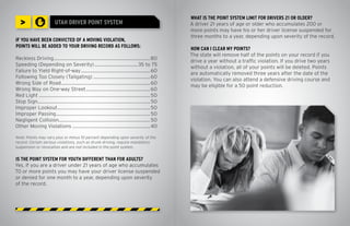 WHAT IS THE POINT SYSTEM LIMIT FOR DRIVERS 21 OR OLDER?
   >                        UTAH DRIVER POINT SYSTEM                                                      A driver 21 years of age or older who accumulates 200 or
                                                                                                          more points may have his or her driver license suspended for
                                                                                                          three months to a year, depending upon severity of the record.
IF YOU HAVE BEEN CONVICTED OF A MOVING VIOLATION,
POINTS WILL BE ADDED TO YOUR DRIVING RECORD AS FOLLOWS:
                                                                                                          HOW CAN I CLEAR MY POINTS?
                                                                                                          The state will remove half of the points on your record if you
Reckless Driving ..............................................................................80
                                                                                                          drive a year without a traffic violation. If you drive two years
Speeding (Depending on Severity) ...................................35 to 75
                                                                                                          without a violation, all of your points will be deleted. Points
Failure to Yield Right-of-way ........................................................ 60
                                                                                                          are automatically removed three years after the date of the
Following Too Closely (Tailgating) .............................................. 60
                                                                                                          violation. You can also attend a defensive driving course and
Wrong Side of Road ........................................................................ 60
                                                                                                          may be eligible for a 50 point reduction.
Wrong Way on One-way Street .................................................... 60
Red Light .......................................................................................... 50
Stop Sign........................................................................................... 50
Improper Lookout ........................................................................... 50
Improper Passing ............................................................................ 50
Negligent Collision.......................................................................... 50
Other Moving Violations ...............................................................40

Note: Points may vary plus or minus 10 percent depending upon severity of the
record. Certain serious violations, such as drunk driving, require mandatory
suspension or revocation and are not included in the point system.


IS THE POINT SYSTEM FOR YOUTH DIFFERENT THAN FOR ADULTS?
Yes. If you are a driver under 21 years of age who accumulates
70 or more points you may have your driver license suspended
or denied for one month to a year, depending upon severity
of the record.
 