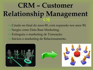 CRM – Customer
Relationship Management
            
  Criado no final do anos 80, com expansão nos anos 90;
  Surgiu como Data Base Marketing;
  Extinguiu o marketing de Transação;
  Iniciou o marketing de Relacionamento.
 
