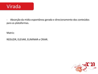 Virada

- Absorção da mídia espontânea gerada e direcionamento dos conteúdos
para as plataformas.


Matriz:

REDUZIR, ELEVAR, ELIMINAR e CRIAR.
 