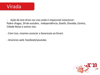 Virada

- Ação de test-drive nas vias onde é impossivel estacionar:
Padre chagas, 24 de outubro , Independência, Goeth, Osvaldo, Centro,
Cidade Baixa e outras vias.

- Com isso, visamos associar a Savarauto ao Smart.

- Anúncios web: facebook/youtube.
 