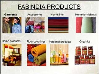 FABINDIA PRODUCTS
Garments Home furnishingsHome linenAccessories
Home products Floor coverings Personal products Organics
 