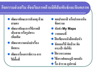 กิจกรรมส่งเสริม อัจฉริยภาพด้านมิติสัมพันธ์และจินตภาพ
พัฒนาทักษะการสังเกตุ ด้วย
สายตา
พัฒนาทักษะการใช้ภาพสี
เส้นสาย หรือรูปทรง
เพิ่มเติม
พัฒนาความแม่นยําเรื่อง
ทิศทาง
พัฒนาเรื่องการจัดวาง การ
ใช้พื้นที่
พกปากกาสี หรือปากกาเน้น
ข้อความ
หัดทํา My Maps
วาดแผนที่
ฝึกเขียนหนังสือกลับหัว
จัดดอกไม้ จัดบ้าน จัด
กระเป๋ า จัดโต๊ะ
ฝึกวาดวงกลม
ใช้กราฟแผนภูมิ แผนผัง
รื้อ สํารวจ อุปกรณ์
 