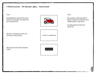25
Video
FINGERPRINT FADES INTO A PIC-
TURE OF A SMART CAR, REPLAC-
ING SILHOUETTE.
SMART CAR DRIVES AWAY, RE-
VEALING A HEADLINE.
HEADLINE FADES INTO SMART
LOGO.
>>leave an impression
Audio
RELAXING, LIGHT-HEARTED
MUSIC WITH NO LYRICS PLAYS
THROUGHOUT THE SPOT.
NO SPEAKING OR SOUND
EFFECTS.
>>Television: 30-Second Spot, Continued
 