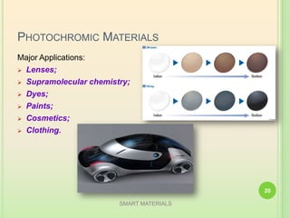 PHOTOCHROMIC MATERIALS
Major Applications:
 Lenses;
 Supramolecular chemistry;
 Dyes;
 Paints;
 Cosmetics;
 Clothing.
SMART MATERIALS
20
 