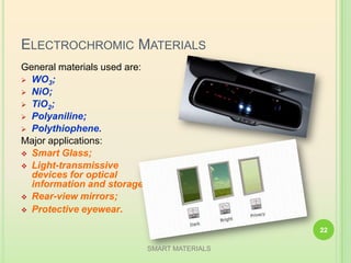 ELECTROCHROMIC MATERIALS
General materials used are:
 WO3;
 NiO;
 TiO2;
 Polyaniline;
 Polythiophene.
Major applications:
 Smart Glass;
 Light-transmissive
devices for optical
information and storage;
 Rear-view mirrors;
 Protective eyewear.
SMART MATERIALS
22
 