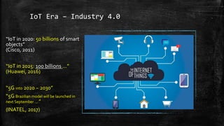 IoT Era – Industry 4.0
“IoT in 2020: 50 billions of smart
objects”
(Cisco, 2011)
“IoT in 2025: 100 billions ...”
(Huawei, 2016)
“5G into 2020 ~ 2030”
“5G Brazilian model will be launched in
next September ... ”
(INATEL, 2017)
 