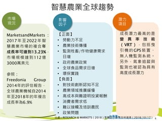 MarketsandMarkets ：
2017年至2022年智
慧農業市場的複合年
成長率可達到13.23%，
市場規模達到112億
3000萬美元
參照：
Freedonia Group
2014年的評估報告，
全球農業機械自2014
年至2018年的年複合
成長率為6.9%
【正面】
• 勞動力不足
• 農業技術傳播
• 監測牲畜/作物健康需求
日增
• 政府農業政策
• 全球食品需求日增
• 環保實踐
【負面】
• 對技術創新認知不足
• 農業領域推廣緩慢
• 高成本與難證明投資報酬
• 消費者需求低
• 難以接觸及培訓農民
• 政策問題
成長潛力最高的是
變 異 率 技 術
（VRT），包括曳
引機的 GPS裝 置、
無人機監測系統。
另外，氣象追蹤與
監測也被認為具有
高度成長潛力
市場
現況
影響
因子
潛力
項目
智慧農業全球趨勢
6出處：RESEARCH & MARKETS（2018）影響因子參考自林達德（2018/10/17）
 