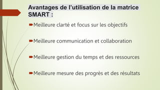 Avantages de l’utilisation de la matrice
SMART :
Meilleure clarté et focus sur les objectifs
Meilleure communication et collaboration
Meilleure gestion du temps et des ressources
Meilleure mesure des progrès et des résultats
 