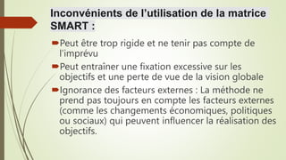 Inconvénients de l’utilisation de la matrice
SMART :
Peut être trop rigide et ne tenir pas compte de
l’imprévu
Peut entraîner une fixation excessive sur les
objectifs et une perte de vue de la vision globale
Ignorance des facteurs externes : La méthode ne
prend pas toujours en compte les facteurs externes
(comme les changements économiques, politiques
ou sociaux) qui peuvent influencer la réalisation des
objectifs.
 