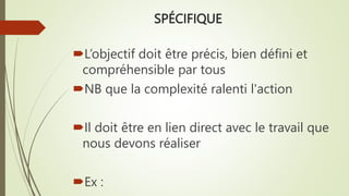 SPÉCIFIQUE
L’objectif doit être précis, bien défini et
compréhensible par tous
NB que la complexité ralenti l'action
Il doit être en lien direct avec le travail que
nous devons réaliser
Ex :
 