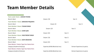 Team Member Details
Team Leader Name: LAKSHAY PAHWA
Branch: Btech Stream: CSE Year: II
Team Member 1 Name: ABHISHEK PRAJAPATI
Branch: Btech Stream: EE Year: II
Team Member 2 Name: TUSHAR SINGH
Branch: Btech Stream: CSE Year: II
Team Member 3 Name: SUMIT JAIN
Branch: Btech Stream: ECE Year: II
Team Member 4 Name: YASH PRATAP SINGH
Branch: Btech Stream: CSE Year: II
Team Member 5 Name: ADITI SRIVASTAV
Branch: Btech Stream: ECE Year: II
Team Mentor 1 Name: Type Your Name Here
Category (Academic/Industry): Expertise (AI/ML/Blockchain etc): Domain Experience (in years):
Team Mentor 2 Name: Type Your Name Here
Category (Academic/Industry): Expertise (AI/ML/Blockchain etc): Domain Experience (in years):
 