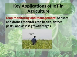 Key Applications of IoT in
Agriculture
Crop Monitoring and Management: Sensors
and drones monitor crop health, detect
pests, and assess growth stages.
 