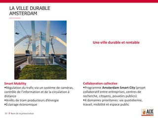 Smart Mobility
Régulation du trafic via un système de caméras,
contrôle de l’information et de la circulation à
distance
Arrêts de tram producteurs d’énergie
Éclairage économique
LA VILLE DURABLE
AMSTERDAM
Nom de la présentation
10
Une ville durable et rentable
Collaboration collective
Programme Amsterdam Smart City (projet
collaboratif entre entreprises, centres de
recherche, citoyens, pouvoirs publics)
4 domaines prioritaires: vie quotidienne,
travail, mobilité et espace public
 