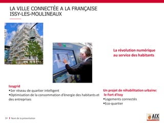 Un projet de réhabilitation urbaine:
le Fort d’Issy
Logements connectés
Eco-quartier
LA VILLE CONNECTÉE A LA FRANÇAISE
ISSY-LES-MOULINEAUX
Nom de la présentation
14
La révolution numérique
au service des habitants
Issygrid
1er réseau de quartier intelligent
Optimisation de la consommation d’énergie des habitants et
des entreprises
 