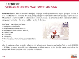 LE CONTEXTE
23
POUR LA DÉFINITION D’UN PROJET «SMART» CITY AIXOIS
Contexte : La Ville d’Aix-en-Provence a engagé un projet numérique ambitieux depuis quelques années, et
il va bénéficier d’une nouvelle dynamique impulsée par l’obtention label French Tech pour les villes d’Aix-
Marseille en novembre 2014, la création d’un pôle numérique à la constance et de la création en 2017 du
campus universitaire « the camp » dédié à la ville de demain.
Le champ à investiguer est large :
 Performance de la ville,
 Développement des e-services,
 Dématérialisation dans les services,
 E-démocratie
 E-Tourisme
 Attractivité,
 Ouverture du pôle numérique de la constance
 …
Afin de mettre en place un projet cohérent et à la hauteur de l’ambition de la ville d’AIX, La société SOPRA
– STERIA à proposer une aide méthodologique au démarrage du projet de ville numérique qui servira
ensuite à la définition d’une trajectoire ville intelligente.
 