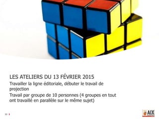 30
LES ATELIERS DU 13 FÉVRIER 2015
Travailler la ligne éditoriale, débuter le travail de
projection
Travail par groupe de 10 personnes (4 groupes en tout
ont travaillé en parallèle sur le même sujet)
 