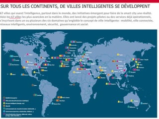 67 villes qui osent l'intelligence, partout dans le monde, des initiatives émergent pour faire de la smart city une réalité.
Voici les 67 villes les plus avancées en la matière. Elles ont lancé des projets pilotes ou des services déjà opérationnels,
s'inscrivant dans un ou plusieurs des six domaines qu'engloble le concept de ville intelligente : mobilité, ville connectée,
réseaux intelligents, environnement, sécurité, gouvernance et social.
Lettre de Mission
6
SUR TOUS LES CONTINENTS, DE VILLES INTELLIGENTES SE DÉVELOPPENT
 