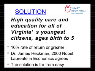 SOLUTION High quality care and education for all of Virginia’s youngest citizens, ages birth to 5 16% rate of return or greater Dr. James Heckman, 2000 Nobel Laureate in Economics agrees The solution is far from easy 