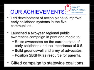 Led development of action plans to improve early childhood systems in the five communities. Launched a two-year regional public awareness campaign in print and media to: Raise awareness on the current state of early childhood and the importance of 0-5. Build groundswell and army of advocates. Position SBSHR as resource for parents. Gifted campaign to statewide coalitions. OUR ACHIEVEMENTS: 